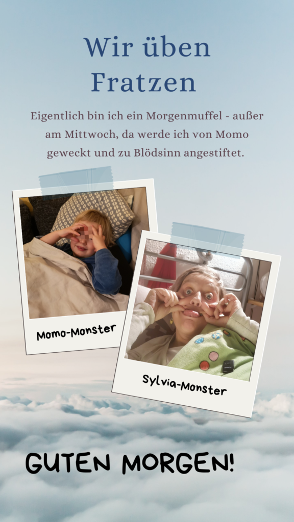 Fotocollage: Oma und Kind liegen im Bett und schneiden Grimassen.