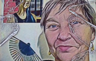 Fotocartoon Sylvia Tornau hinter zerbrochener Glasscheibe
