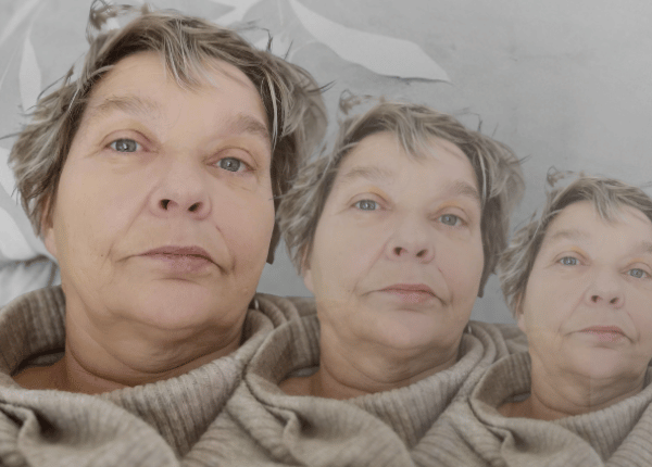 Alltagsdissoziation verstehen: Symptome und bewährte Selbstfürsorgepraktiken: Collage mit Porträt von Sylvia - dreimal nebeneinanderliegend, kleiner werdend und verblassend