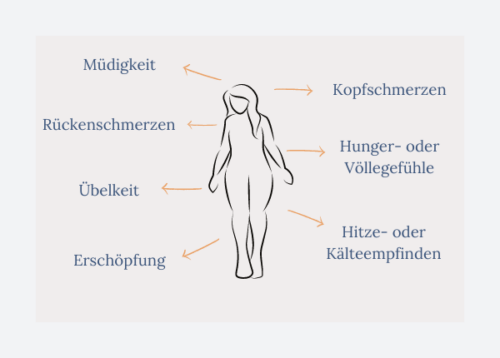 Selbstfindung - Grafik Körpersignale: Kopfschmerzen, Rückenschmerzen, Übelkeit, Erschöpfung