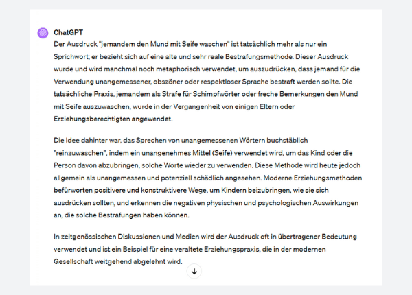 8. März: ChatGPT über das Sprichwort "jemanden den Mund mit Seife auswaschen".