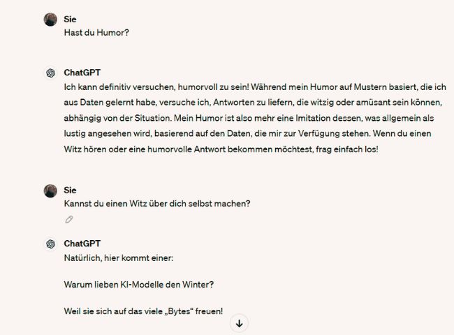 Warum KI mein traumasensibles Coaching nicht ersetzen kann: ChatGPT Witz über sich selbst - Warum lieben KI-Modelle den Winter? Weil sie sich auf das viele „Bytes“ freuen!