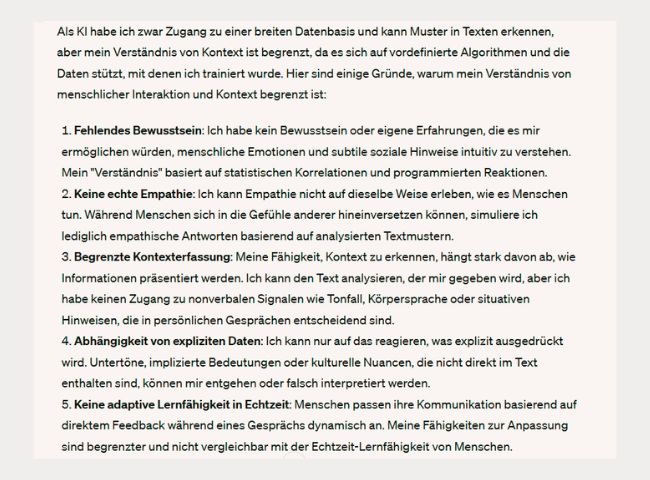 Warum KI mein traumasensibles Coaching nicht ersetzen kann: Antwort von ChatGPT auf die Frage, ob es Kontext einordnen kann