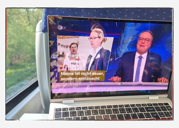 12 von 12 - April 2024: Heute-Show-Screenshot mit Oliver Welker und im Hintergrund Maximilian Krah und Alice Weidel.