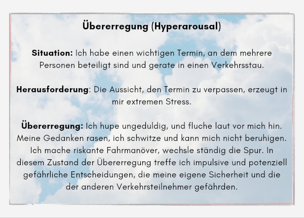 Window of Tolerance - ein Beispiel Übererregung (Hyperarousal) Situation: Ich habe einen wichtigen Termin, an dem mehrere Personen beteiligt sind und gerate in einen Verkehrsstau. Herausforderung: Die Aussicht, den Termin zu verpassen, erzeugt in mir extremen Stress. Übererregung: Ich hupe ungeduldig, und fluche laut vor mich hin. Meine Gedanken rasen, ich schwitze und kann mich nicht beruhigen. Ich mache riskante Fahrmanöver, wechsle ständig die Spur. In diesem Zustand der Übererregung treffe ich impulsive und potenziell gefährliche Entscheidungen, die meine eigene Sicherheit und die der anderen Verkehrsteilnehmer gefährden.