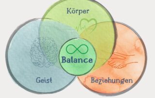 Drei sich überschneidende Kreise symbolisieren Geist, Körper und Beziehungen. An der Schnittstelle der drei Kreise entsteht ein 4. Kreis: Balance.